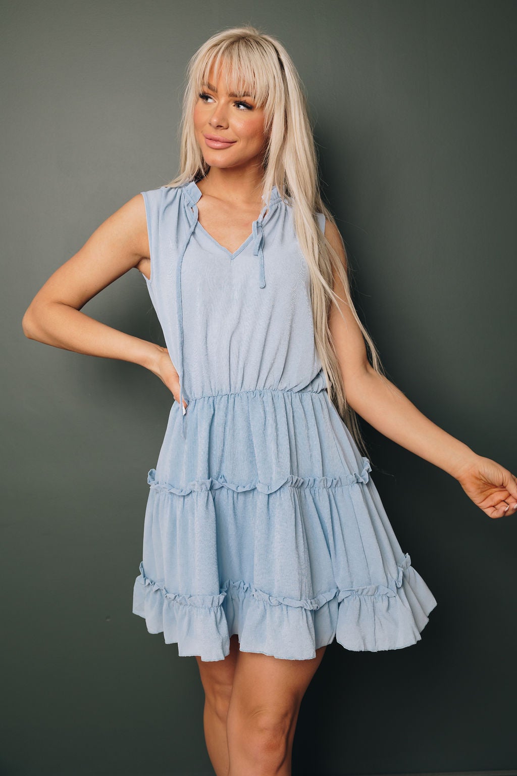 Sleeveless V Neck Ruffled Swing Mini Dress