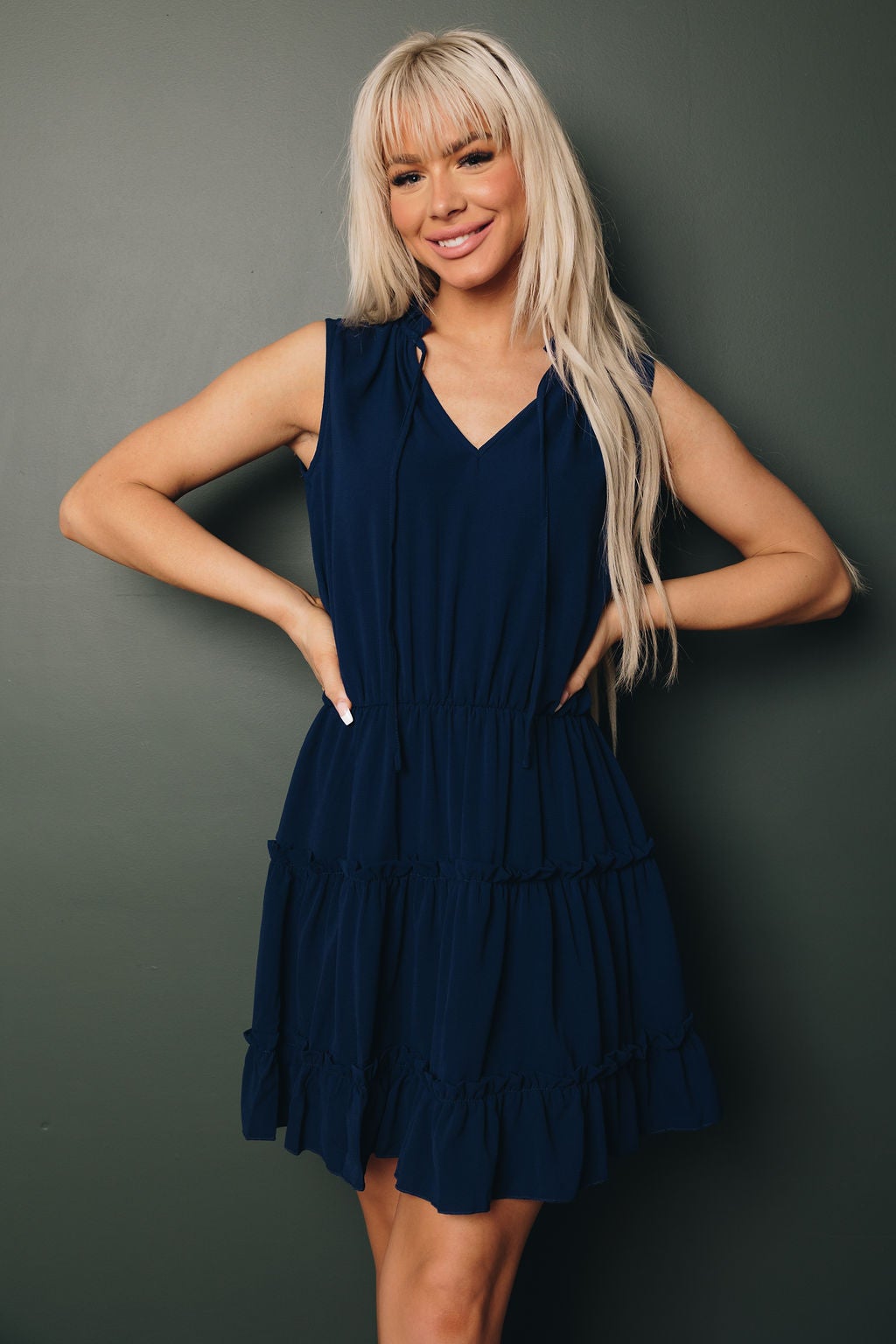 Sleeveless V Neck Ruffled Swing Mini Dress