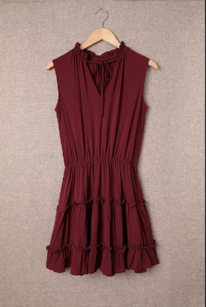 Sleeveless V Neck Ruffled Swing Mini Dress
