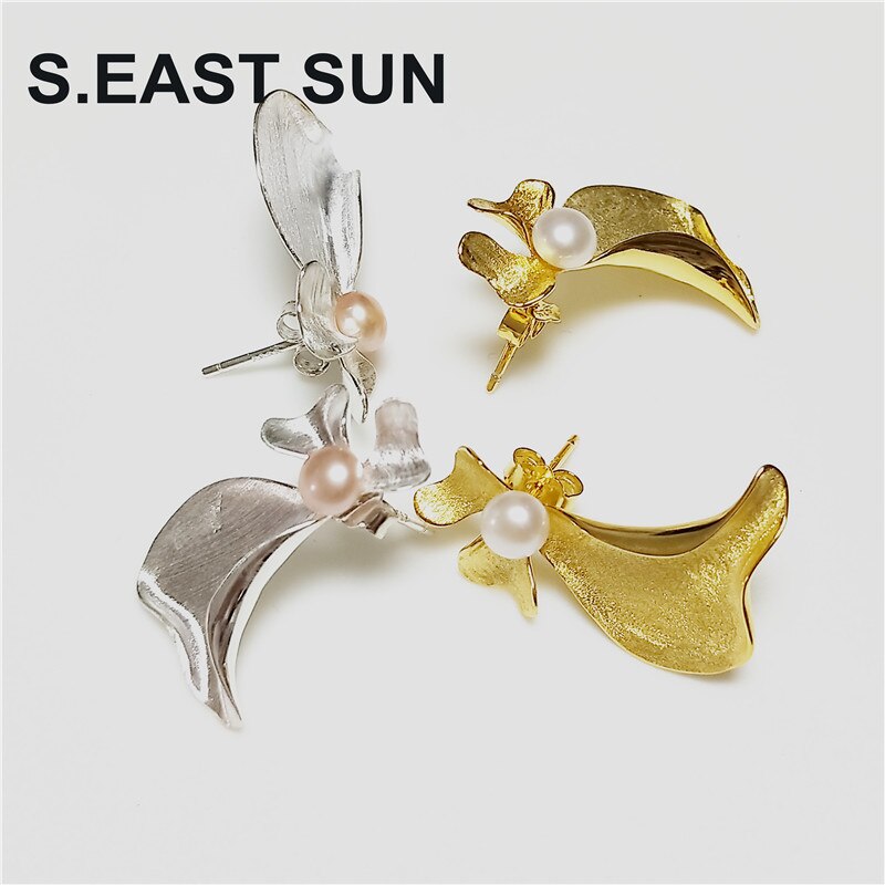 Large Petal Sterling Silver Freshwater Pearl Earrings