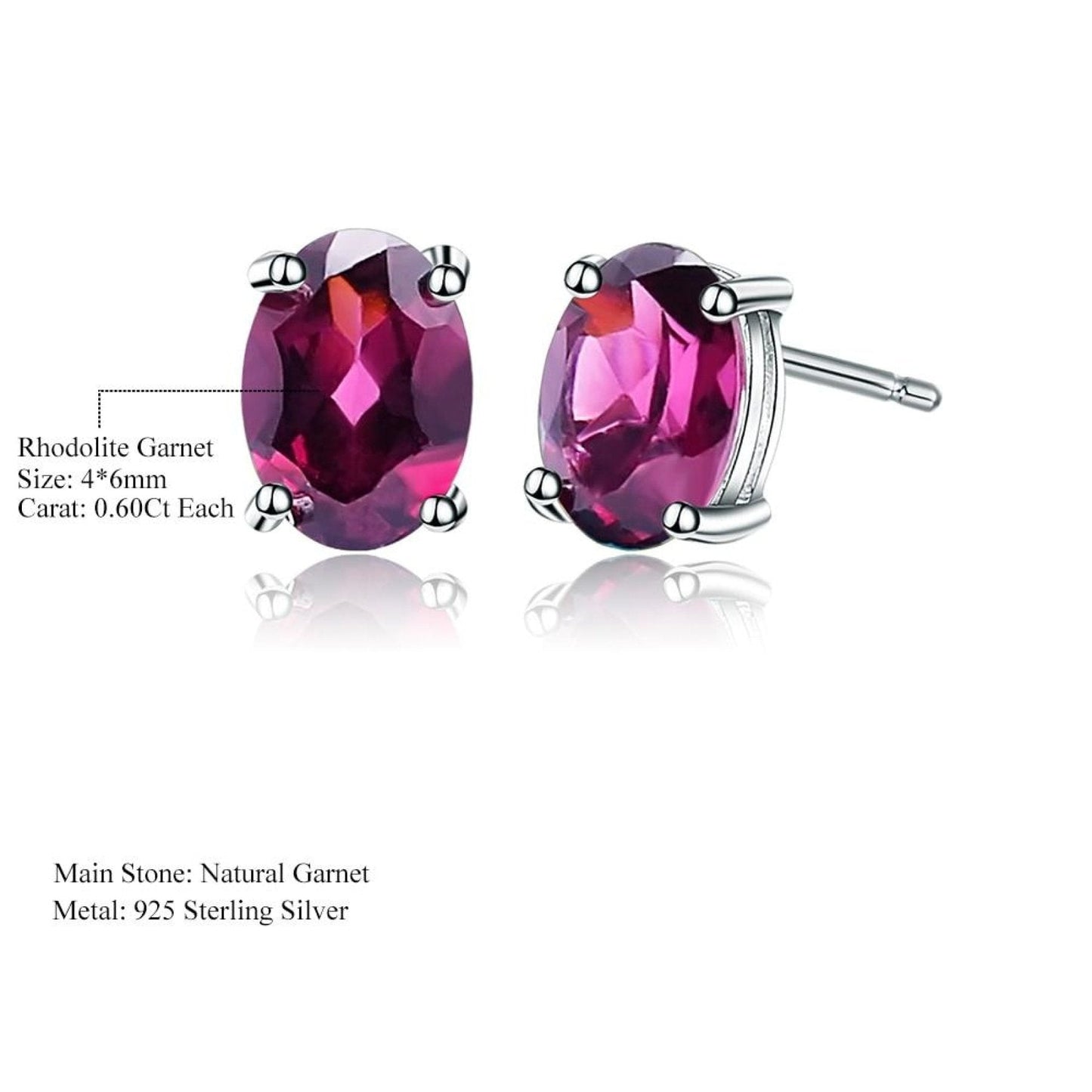 Sterling Silver 925 Red Stud Earrings - Oval Garnet Gemstone