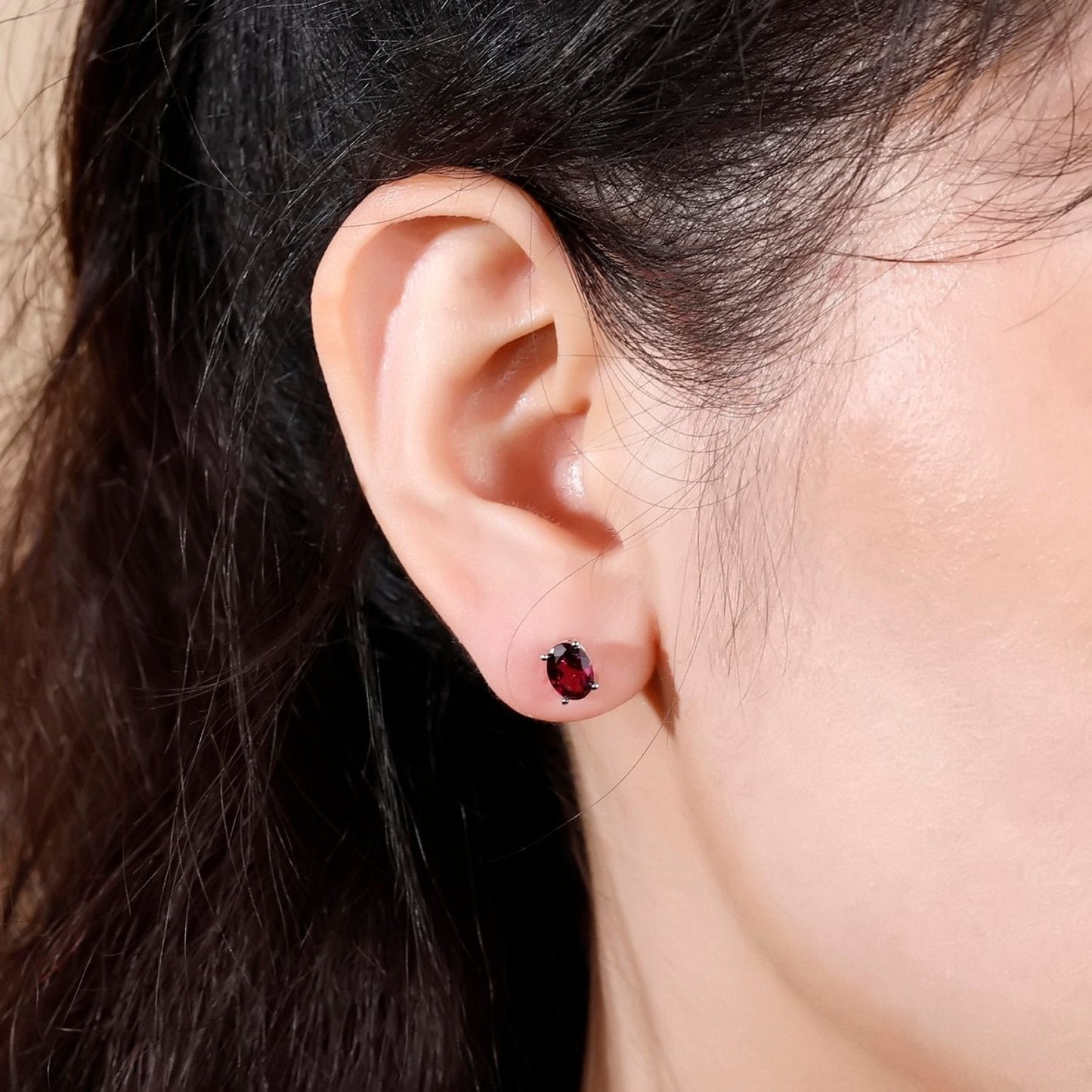 Sterling Silver 925 Red Stud Earrings - Oval Garnet Gemstone