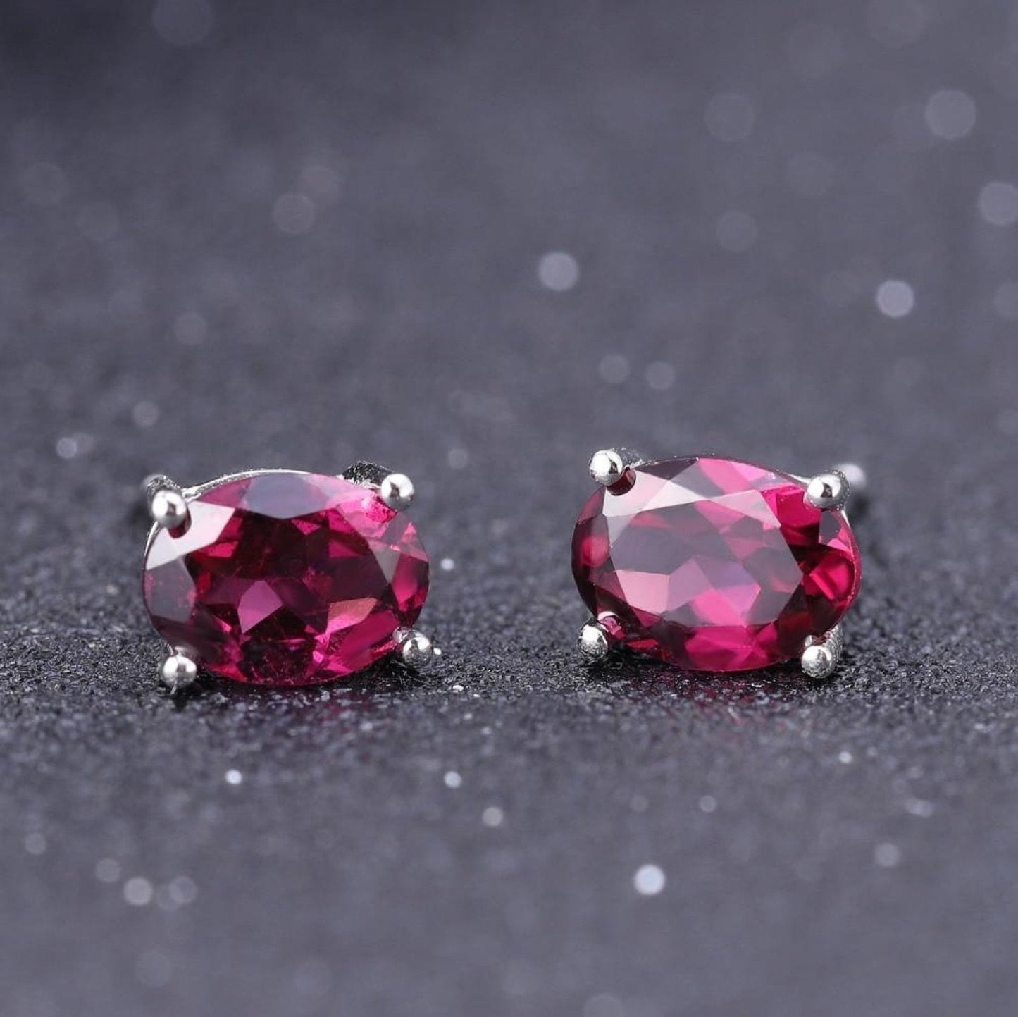 Sterling Silver 925 Red Stud Earrings - Oval Garnet Gemstone