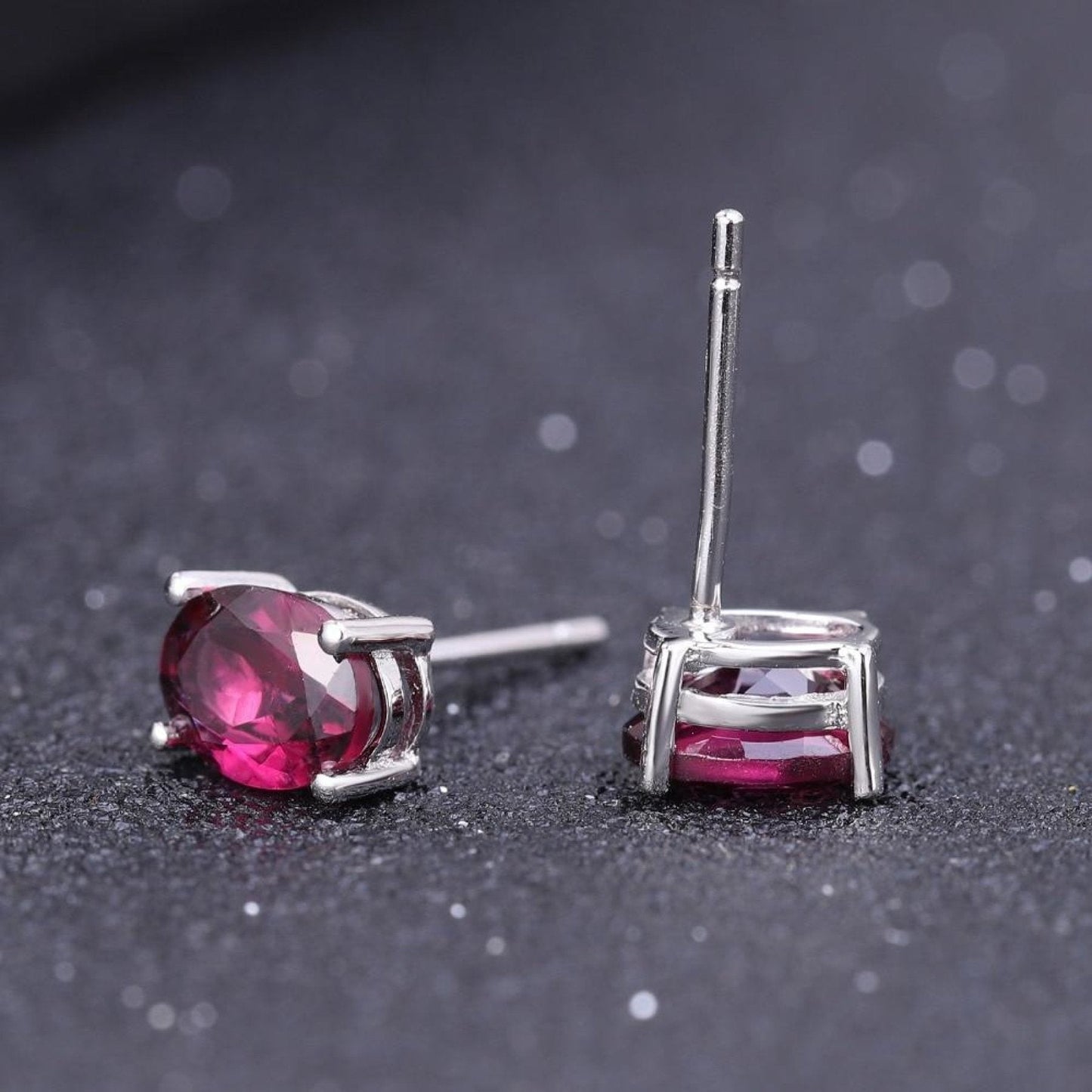 Sterling Silver 925 Red Stud Earrings - Oval Garnet Gemstone