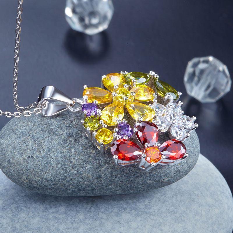 Sterling Silver 3.5 Karat Multi-Color Topaz Flower Pendant Necklace