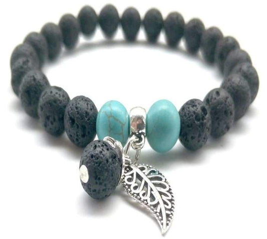 Black and Turquoise Feather Charm Lava Stone Bracelet