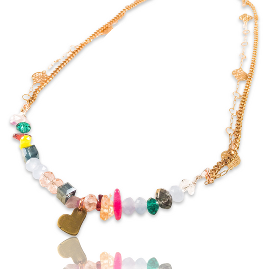 Colorful Beads and Stones Bronze Heart Necklace