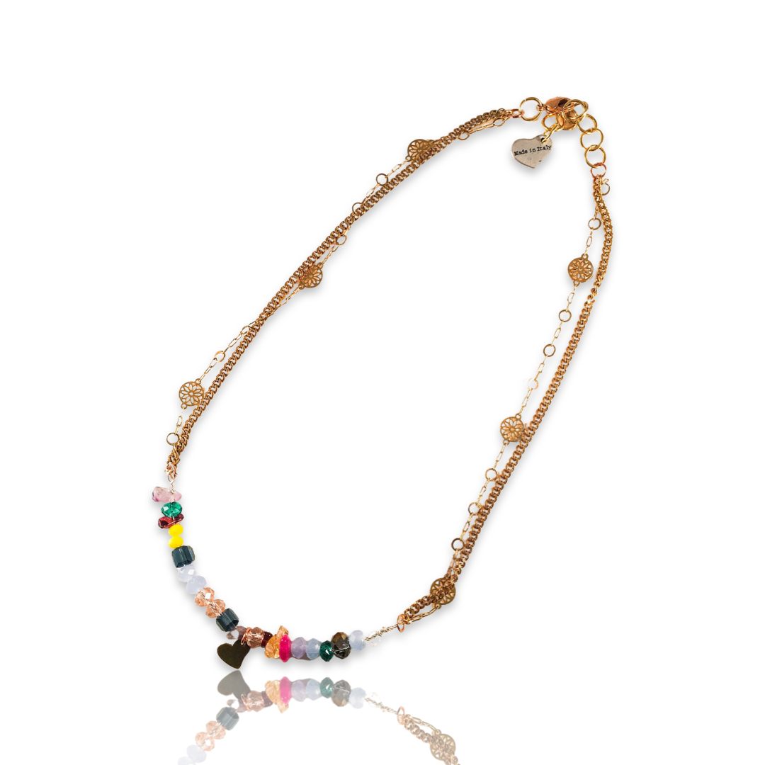 Colorful Beads and Stones Bronze Heart Necklace