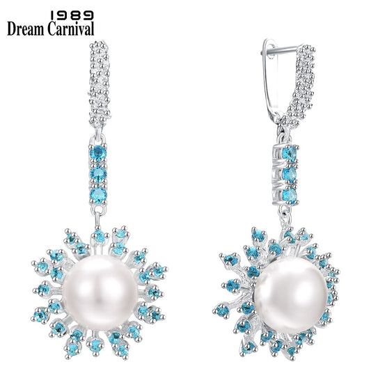 Elegant Sun Flower Aquamarine White Pearl Drop Earrings