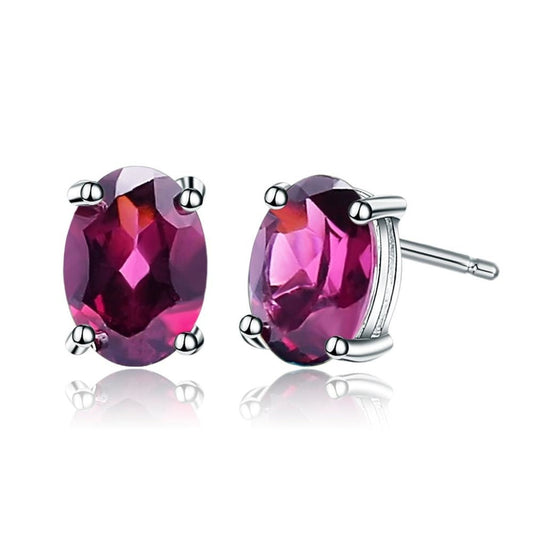 Red Stud Earrings, 925 Sterling Silver Oval Garnet Gemstone