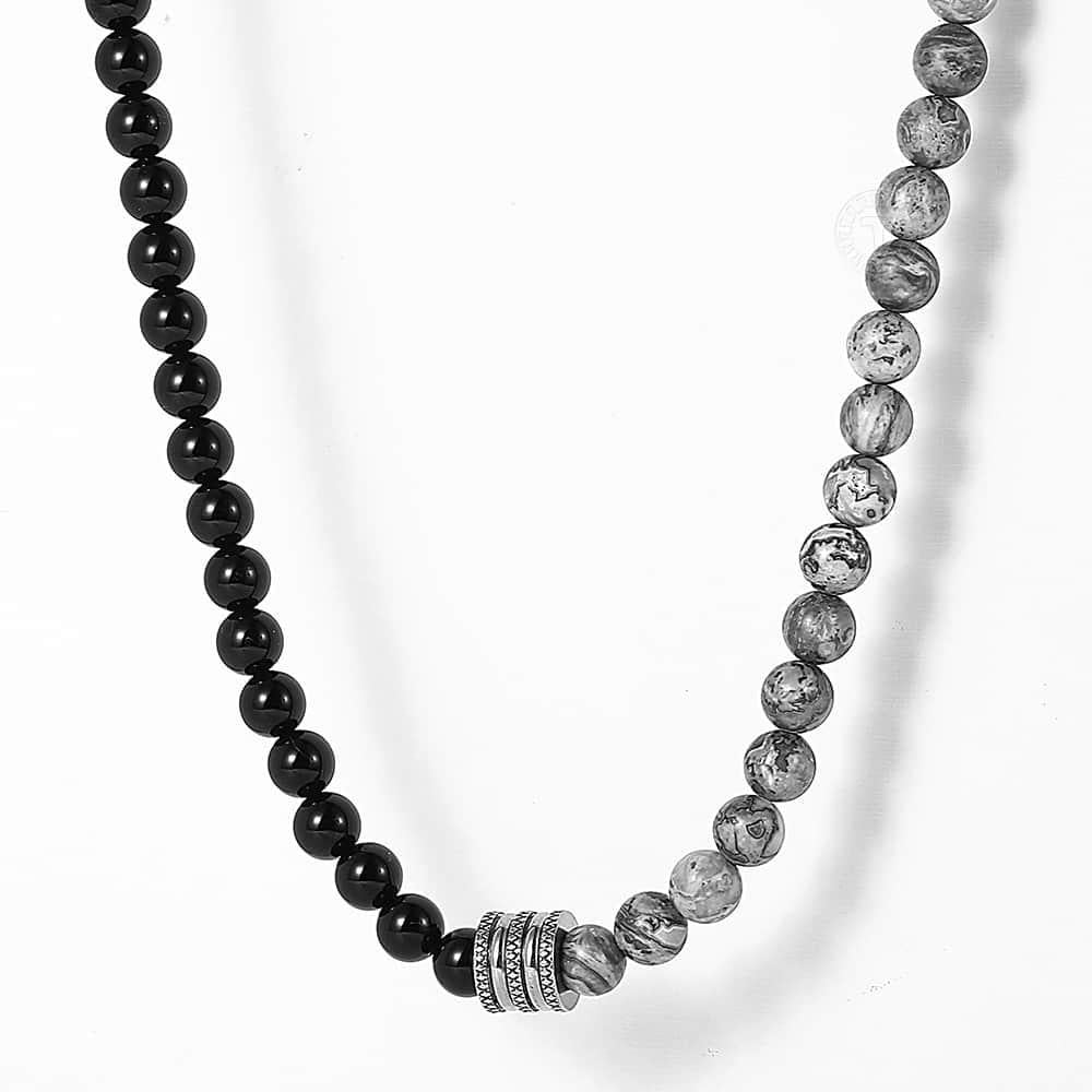 Stainless Steel Unisex Black Beaded Glass Necklace