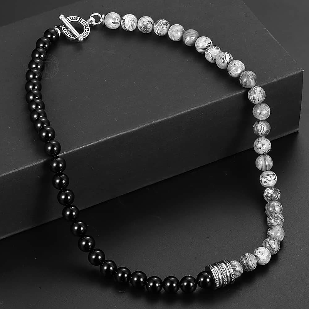 Stainless Steel Unisex Black Beaded Glass Necklace