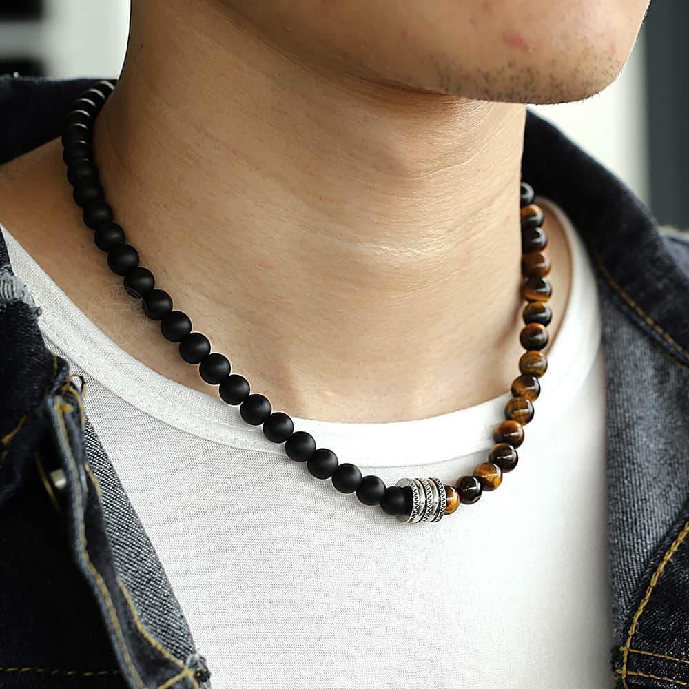 Stainless Steel Unisex Black Beaded Glass Necklace