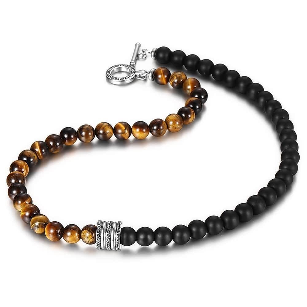 Stainless Steel Unisex Black Beaded Glass Necklace