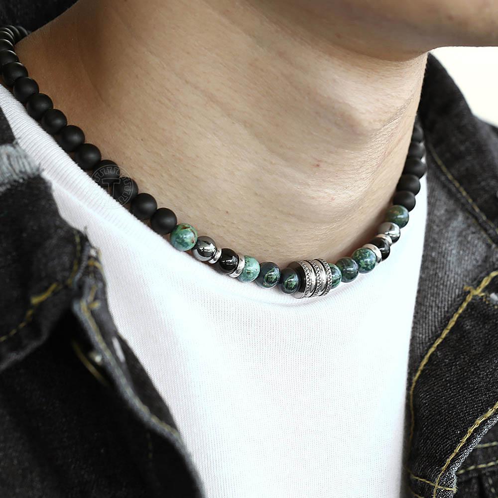 Stainless Steel Unisex Black Beaded Glass Necklace