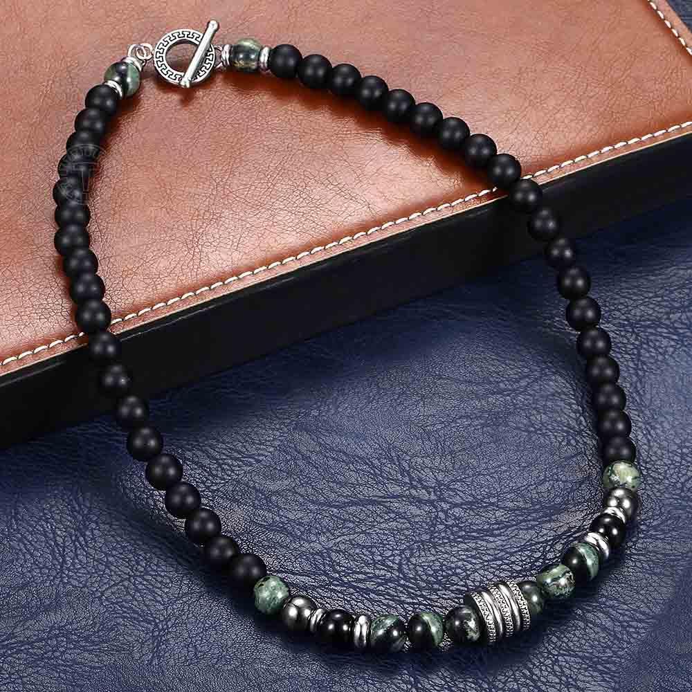 Stainless Steel Unisex Black Beaded Glass Necklace