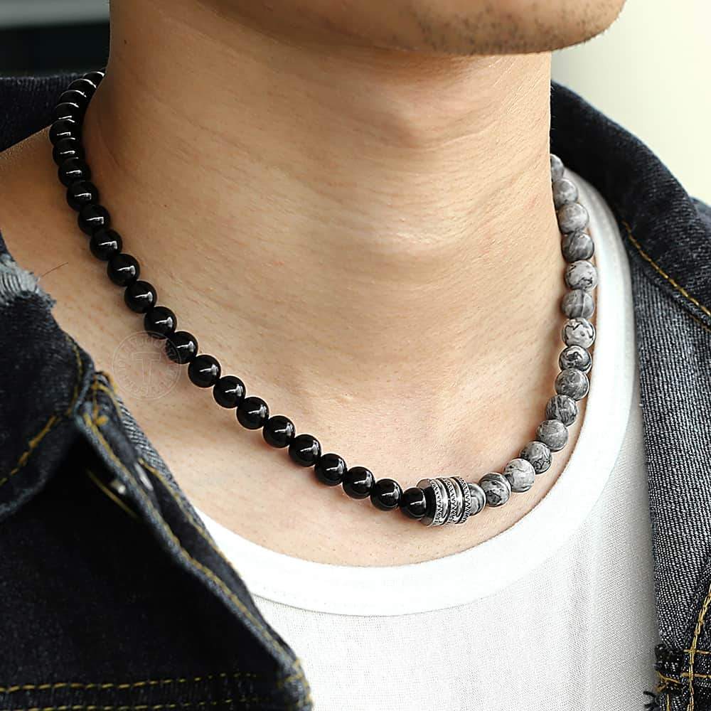 Stainless Steel Unisex Black Beaded Glass Necklace