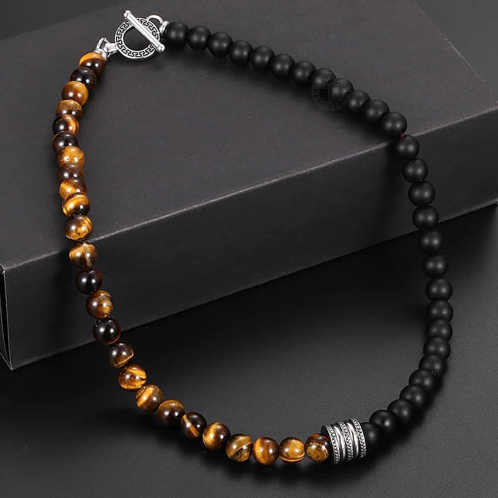 Stainless Steel Unisex Black Beaded Glass Necklace