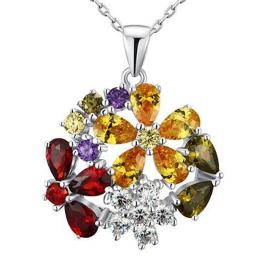 Sterling Silver Necklace, 3.5 Carat Multi-Color Topaz Flower Pendant Necklace