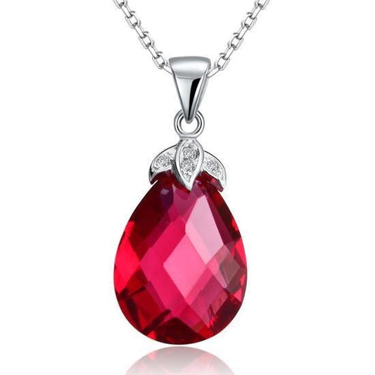 Sterling Silver Necklace, Tear Drop Fuchsia Crystal Pendant Necklace